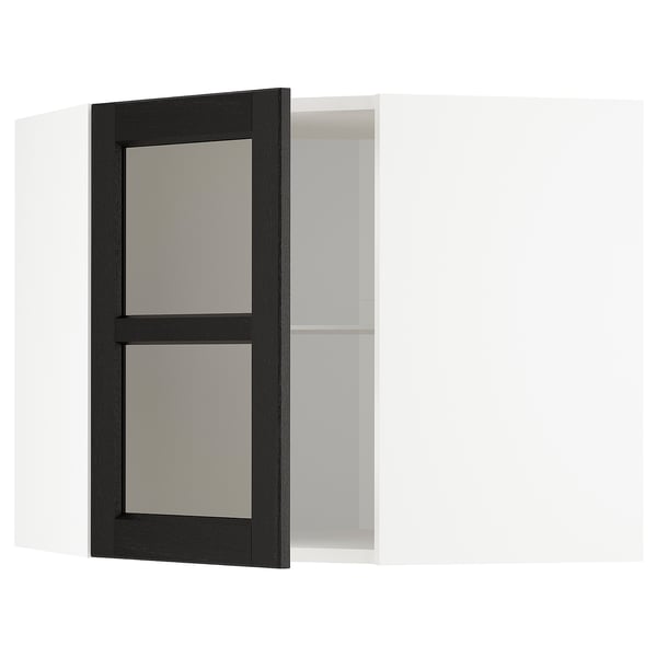 Black stained wooden kitchen cabinet with glass doors, square shape, modern design, adjustable shelves.