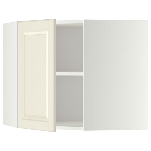 Open white cabinet, classic design, adjustable shelf, off-white paint, bevelled edges.