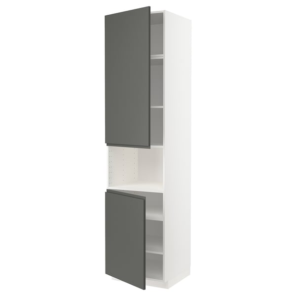 Modern tall kitchen cabinet in dark grey, slim handles, white interior, adjustable shelves.