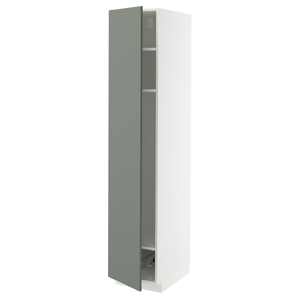 A tall, modern kitchen cabinet in white with a gray-green door partially open, revealing two wire shelves.