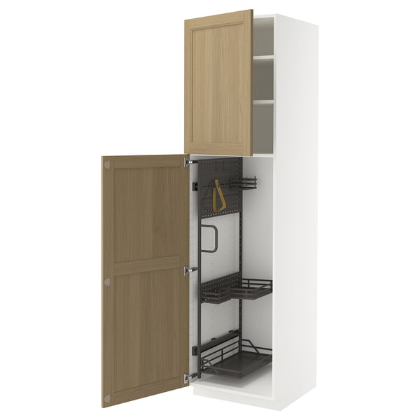 METOD kitchen cabinet in oak, white. Tall with pull-out organisers, open doors showing interior.