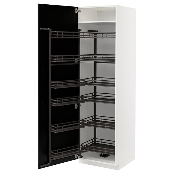 White METOD kitchen unit, black pull-out shelves, modern design.