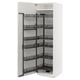 Modern white kitchen cabinet with black pull-out shelves, glossy finish, five shelves, sleek design.