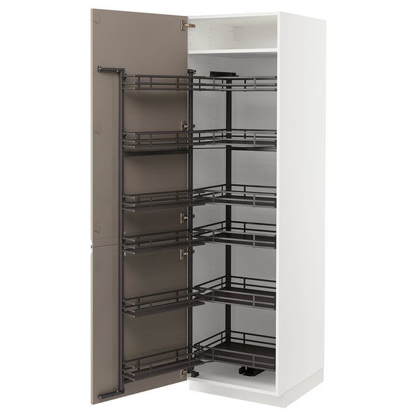 White kitchen cabinet, grey-beige handles, pull-out shelves.
