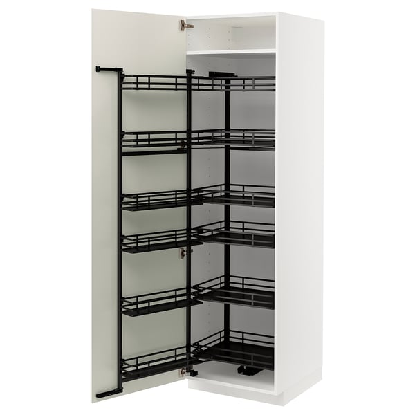 White METOD cabinet, sleek and modern, with black pull-out shelves arranged vertically, providing organised storage.