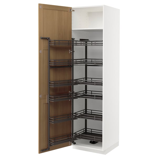 White METOD cabinet with oak door open, showing pull-out shelves in a modern design.