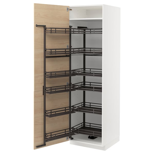 White kitchen cabinet with pull-out shelves, light ash wood door, modern, 5 shelves, minimalist design.
