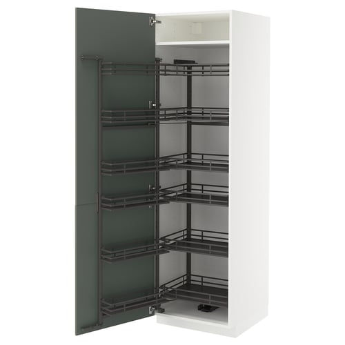 White cabinet with pull-out shelves, grey-green door.