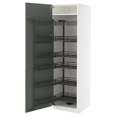 White cabinet with pull-out shelves, grey-green door.