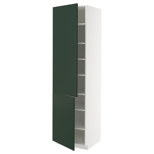 METOD cabinet: tall white unit with dark green doors, modern minimalist design.