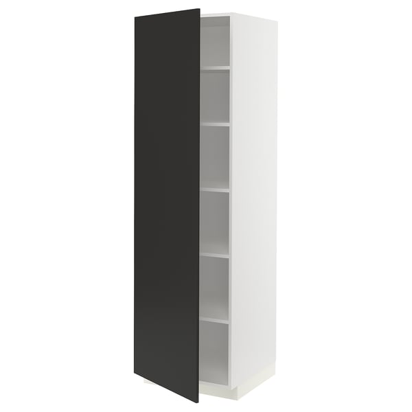 A tall, white METOD kitchen cabinet with a single open black door, revealing multiple shelves inside.