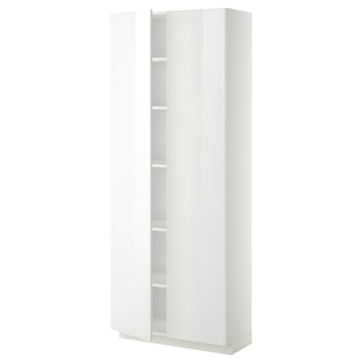 A tall, white METOD kitchen cabinet with a sleek, modern design. It has multiple shelves and is suitable for storing kitchen essentials.