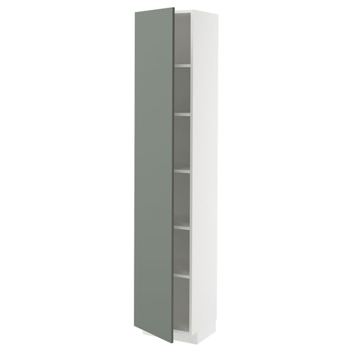 A modern vertical cabinet in white and light green, featuring adjustable shelves inside.