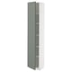 A modern vertical cabinet in white and light green, featuring adjustable shelves inside.