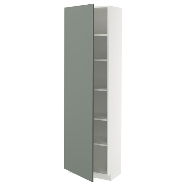 Modern kitchen cabinet, white & grey-green. Tall, rectangular, adjustable shelves, glass door.