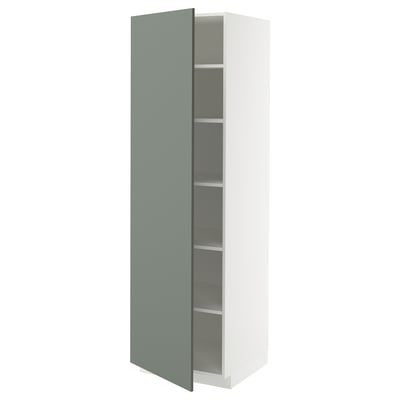 A tall white cabinet with a green door featuring adjustable shelves.