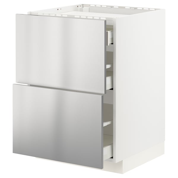 White METOD kitchen module with stainless-steel vårsta fronts, featuring two full-extension drawers.