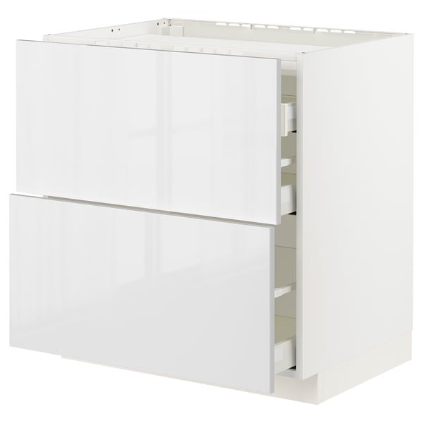 White kitchen cabinet, sleek and modern with glossy finish, removable drawers, square design.