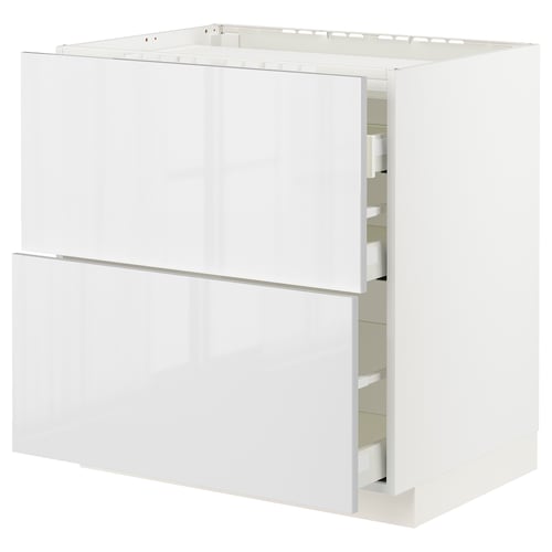White kitchen cabinet, sleek and modern with glossy finish, removable drawers, square design.