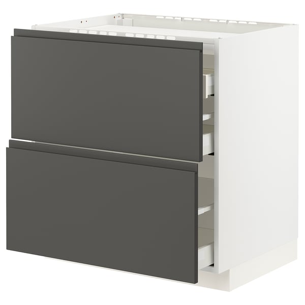 A modern, dark grey kitchen cabinet with two drawers. Part of the METOD system, it sleek handles and sturdy construction.