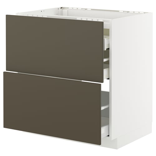Modern kitchen cabinet in dark brown and beige with two drawers, sleek design, sturdy frame, full-extension drawers.