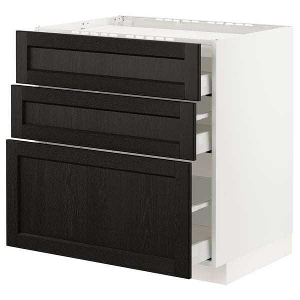 A modern white kitchen cabinet with three dark brown drawers, each with bevelled edges, providing ample storage.