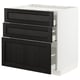 A modern white kitchen cabinet with three dark brown drawers, each with bevelled edges, providing ample storage.