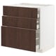 A white METOD kitchen unit with three dark brown wooden drawers. The drawers have a sleek, modern design with a sturdy construction.