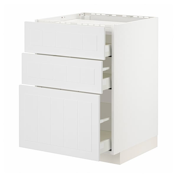 White ikea METOD kitchen cabinet with three drawers.