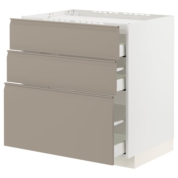 A modern, off-white cabinet with three beige drawers. It a sleek, minimalist design with integrated handles.