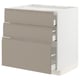 A modern, off-white cabinet with three beige drawers. It a sleek, minimalist design with integrated handles.