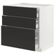 Modern black kitchen cabinet with three drawers, sleek and stylish design.