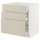Depicts a beige METOD cabinet with three drawers, made from particleboard and fiberboard, featuring a smooth, clean design.
