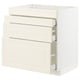 White kitchen cabinet with three bevel-edged drawers, featuring a traditional design and soft-close mechanism.