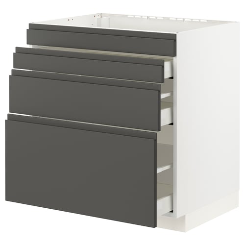 Modern kitchen cabinet with dark grey drawers and white frame, featuring a sleek design with integrated handles.