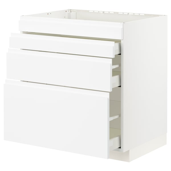 White modern kitchen cabinet with multiple drawers, sleek minimalist design.