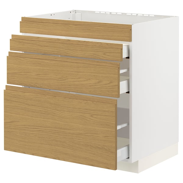 White and oak METOD kitchen cabinet with three drawers, minimalist design.
