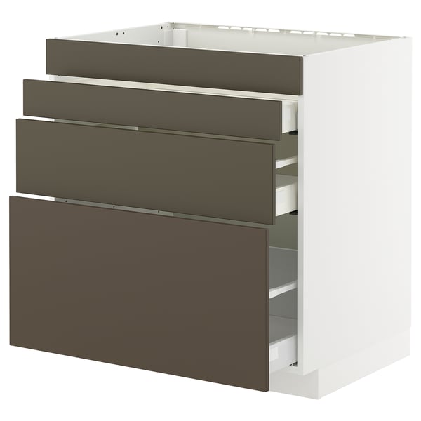 METOD kitchen cabinet with 3 havstorp dark brown drawers.