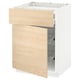 A METOD kitchen cabinet with a light ash wood door, featuring a wire basket inside and a 25-year guarantee.
