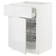 White kitchen cabinet with pull-out wire basket.
