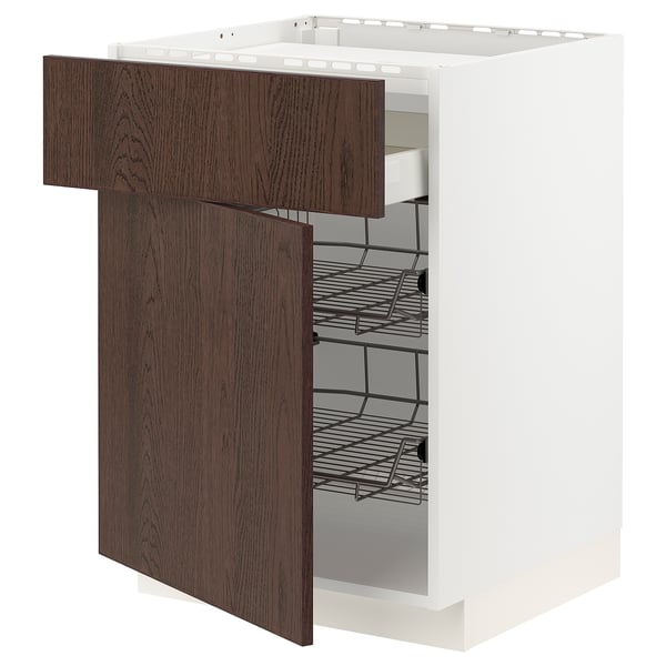 A modern kitchen cabinet with a dark brown wooden front, smooth-running wire baskets, and a white base.
