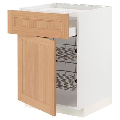 METOD kitchen cabinet in white with oak drawers. Open drawer showing metal baskets. Sturdy, modern design.
