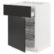 Modern white kitchen cabinet with black drawers, metal racks, sleek design.