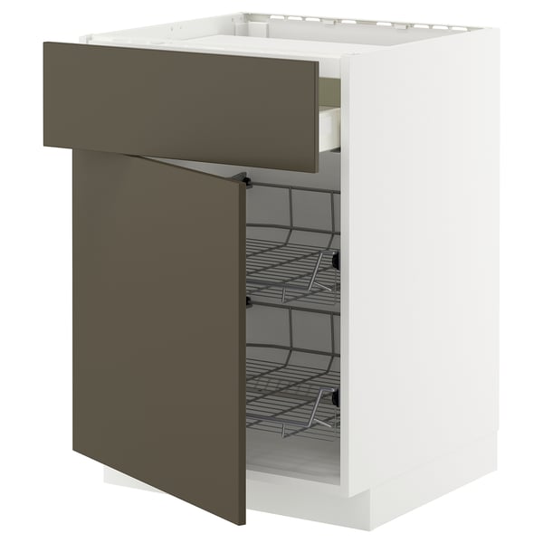 Modern white kitchen cabinet with brown drawer, wire shelves, sleek design.