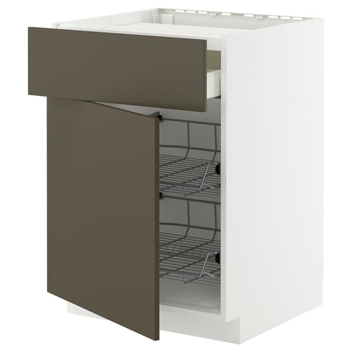 Modern white kitchen cabinet with brown drawer, wire shelves, sleek design.
