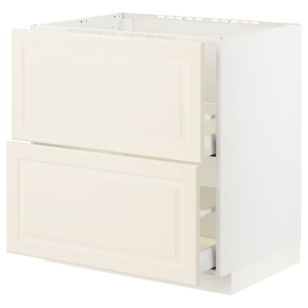 A kitchen cabinet, METOD system, off-white, traditional design, smooth edges, some open.