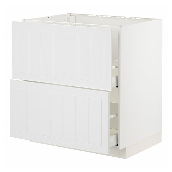 A white METOD kitchen cabinet with panels and two drawers.