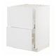 METOD white kitchen cabinet with wooden panels, two open drawers showing metal runners.