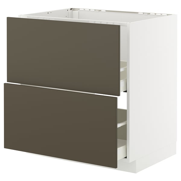Modern kitchen cabinet in white with dark brown drawers.