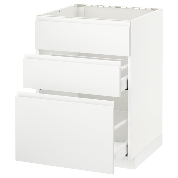 A white METOD kitchen cabinet with three drawers. The design is sleek and minimalist with smooth surfaces and integrated handles.